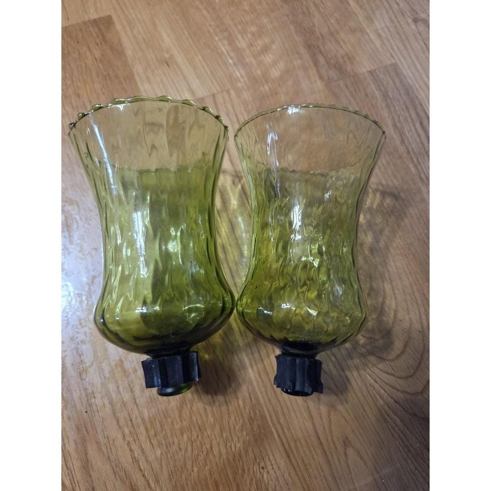 2 VTG  Homco Peg Votive Cups Glass Candle Holders Green Avocado W/ Grommets